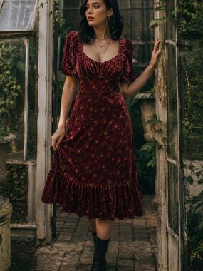 Lait Collection Velvet Floral Maxi Dress Cottagecore Whimsigoth Romantic Large